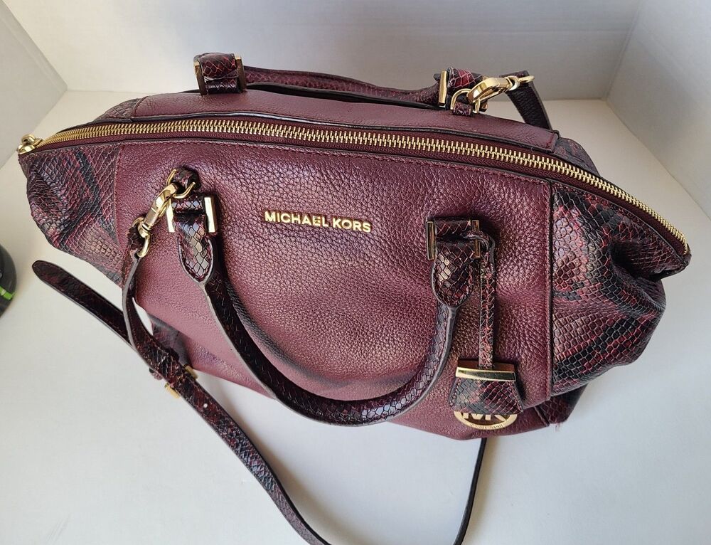 Michael Kors Burgundy Leather Python Embossed Satchel Shoulder Bag Purse Large - Picture 3 of 16